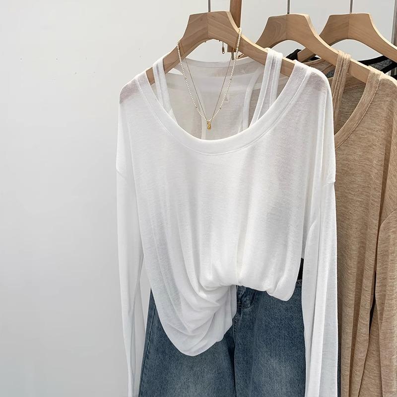 Summer fashion sunscreen suit women's oat color white meat loose long-sleeved blouse Spice girl sleeveless vest