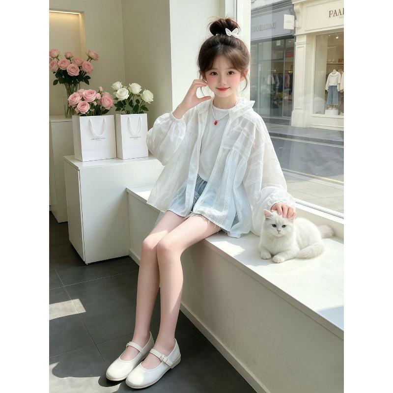 Kids Girls Lightweight Lace Hooded Casual Outdoor Summer Sun Protection Jacket