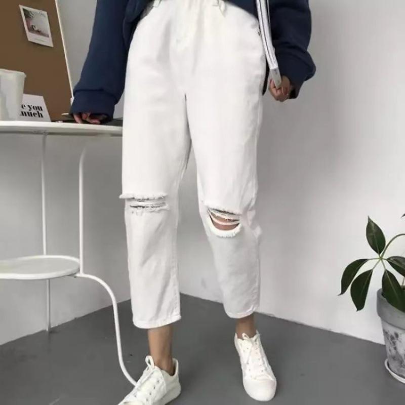 

Korean Style Loose Slimming High Waist Ripped Jeans for Women - Plus Size Wide Leg, Nine-Tenth Length to Enhance Leg Length L