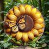Round Metal Wall Art 20x20 Cm Sunflower Butterfly Design Waterproof Rustproof Outdoor Decoration Housewarming Gift
