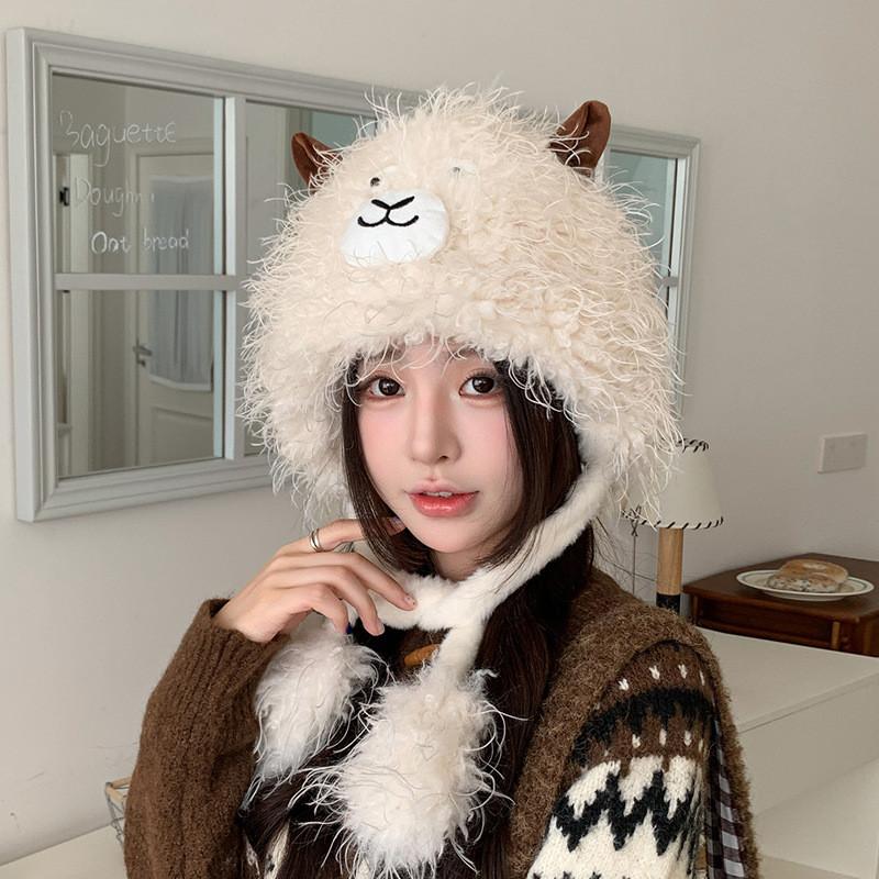 Winter Plush Cartoon Sheep Beanie Hat With Ear Protection For Girls And Kids