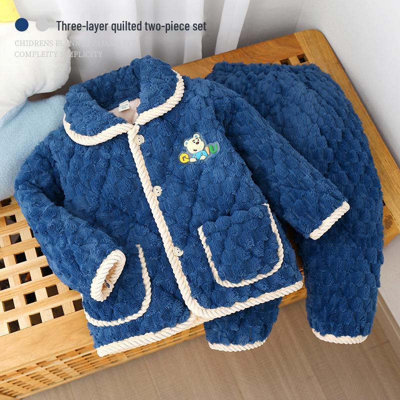 Kids' Winter 3-Layer Quilted Pajamas Coral Fleece Set - Boys, Girls, Babies & Parent-Child Outerwear