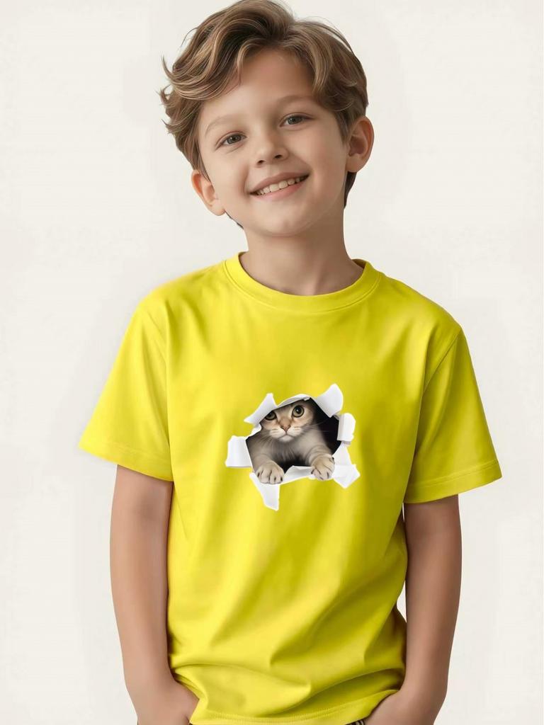 Boy's Simulated Cat Print Round Neck Short-sleeved Children's Summer Skin-friendly