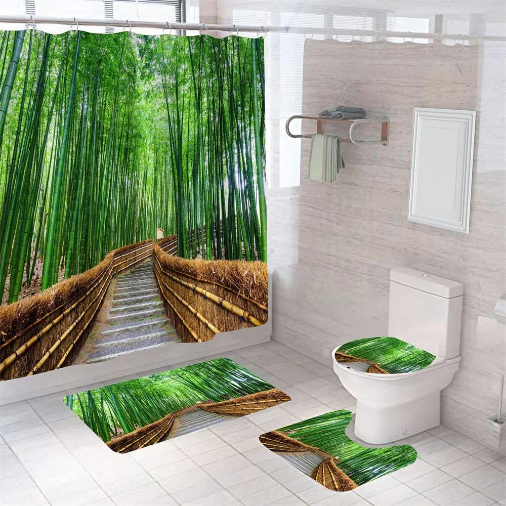 Nature Scenery Shower Curtain Set Green Forest Mountain River Landscape Bathroom Shower Curtain Waterproof Fabric Bathroom Sets
