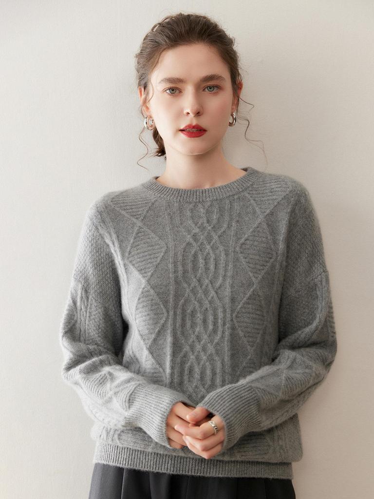Efterår/Vinter 3D Diamant Flettet Cashmere Sweater - Dame Rund Hals, Langærmet, Ensfarvet, Varm & Komfortabel