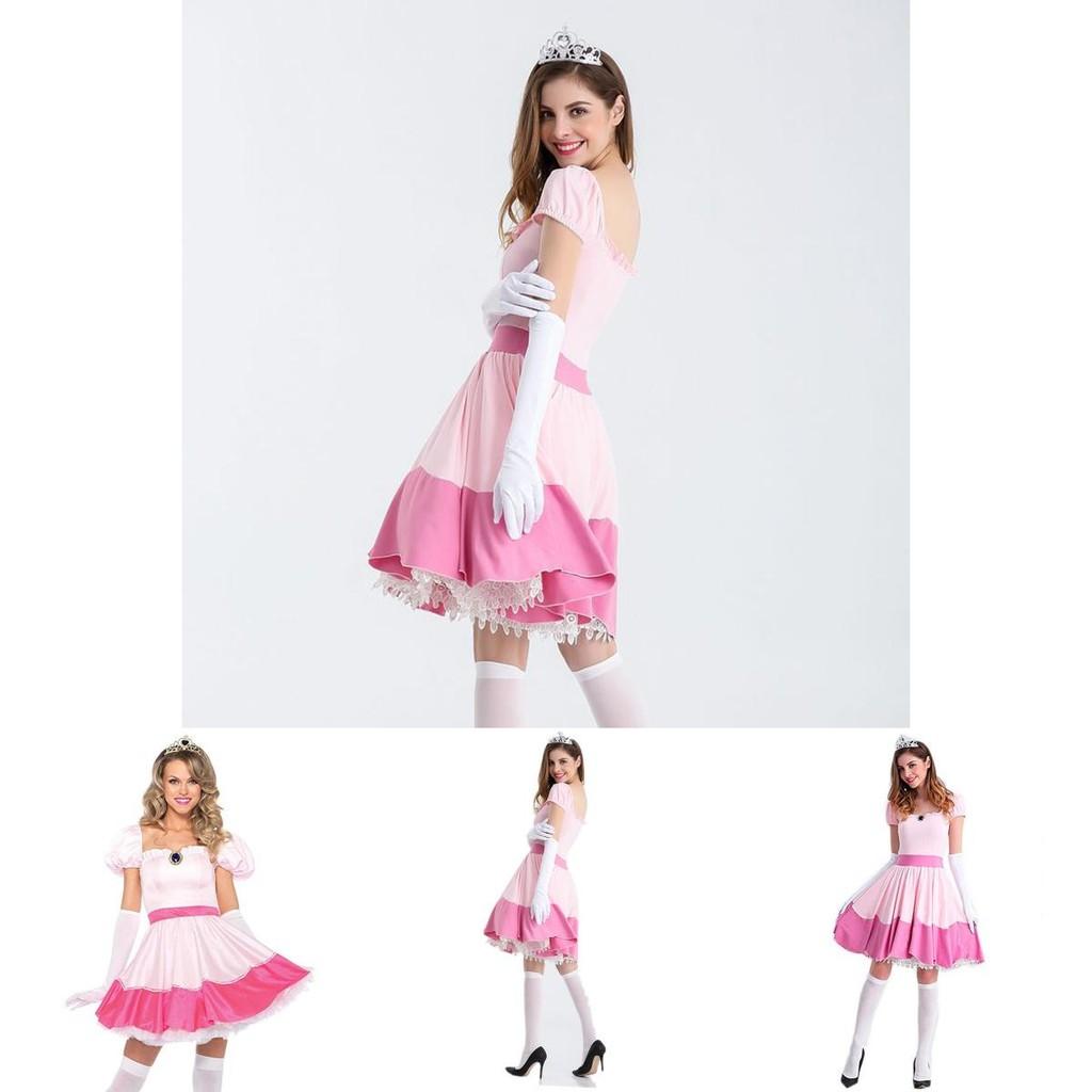 Elegant Super Mario Pink Princess Peach Costume Dress With Crown And Gloves Set