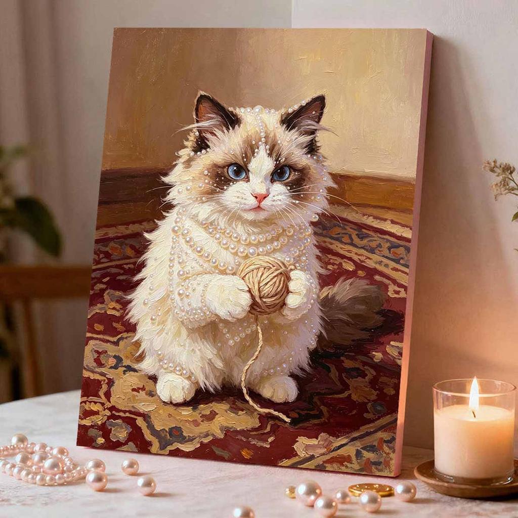 Stretched Frame Pearl Art Kit Adorable Cat With Yarn Pattern DIY Sparkling Bead Canvas Relaxing Hobby Gift for Handcraft Enthusiasts Collection
