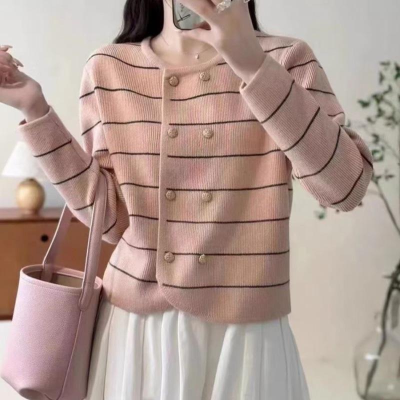 QICED Spring and Autumn Women's Double Breasted Foreign Style Classic Striped Color Contrast Design Loose Round Neck Fashion Knitted Cardigan