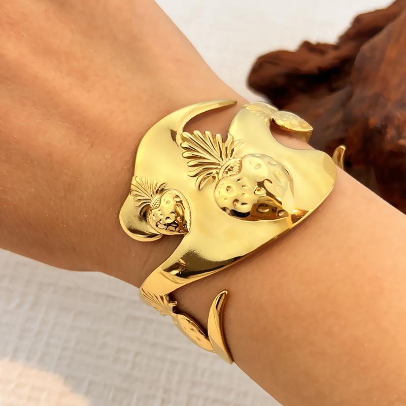 Fashion Bracelet 18k Gold Stainless Steel Flower Sun Leaf Open-ended Bracelet Non-fading Mother's Day Gift Retro Personality