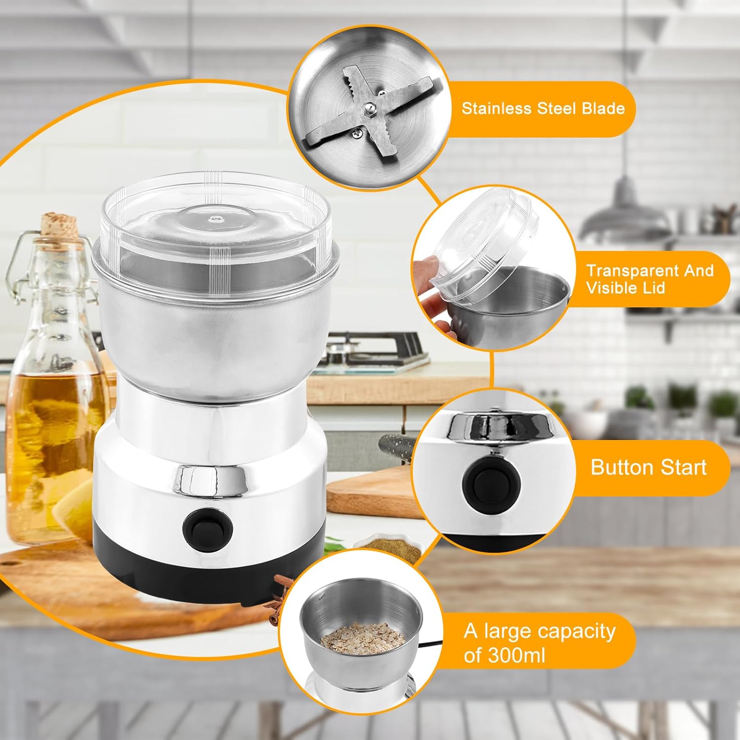 Electric Coffee Grinder Fast Grinding Mini Spice Grinder with 4 Stainless Steel Blades 300ml Coffee Mill Grinder One Button Coffee Bean Grinder