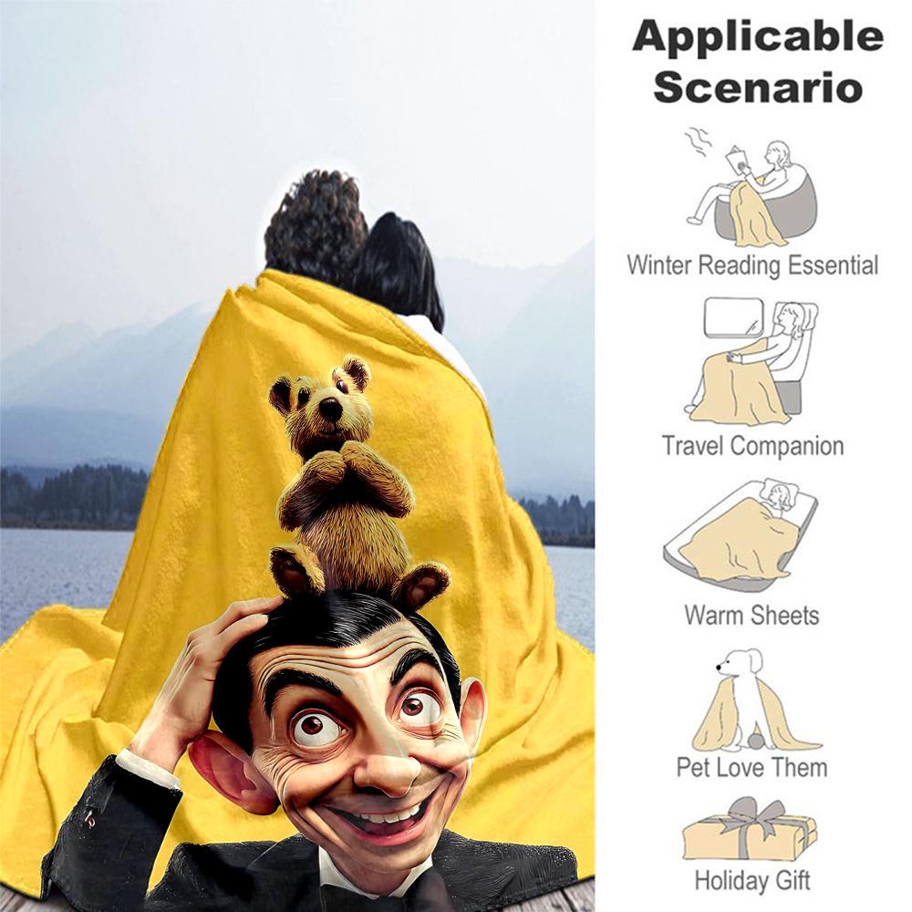 1pc Mr. Bean Teddy Outdoor Blanket Lightweight Flannel, Soft & Warm, All-Season Use for Sofa, Outdoor, Camping, Living Room, Office011