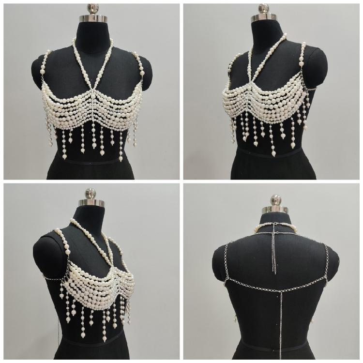 Faux Pearls Beaded Harness Bra Chest Chain for Women’s Party and Beach Clubwear Tassels Body Jewelry Bralette Crop Top