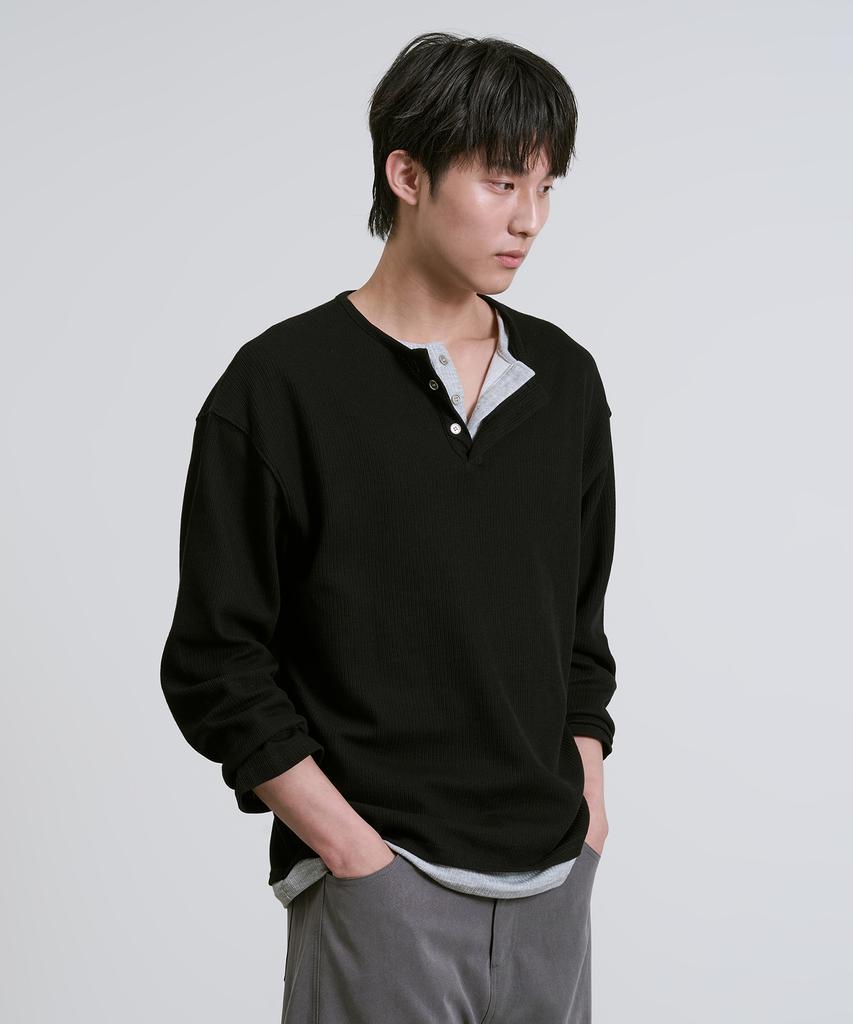 Ousa Henley Neck Layered Long Sleeve T-Shirt 3 Colors