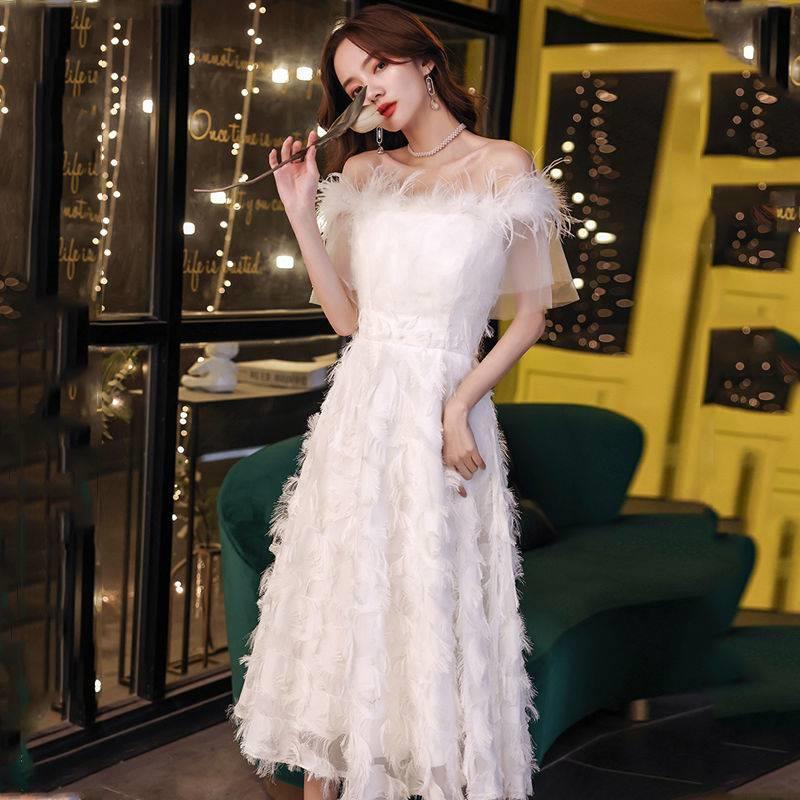 Small Evening Dress Dress Women's New White Temperament Bridesmaid Sisters Fairy Party Birthday Banquet Dress One-word Shoulder
