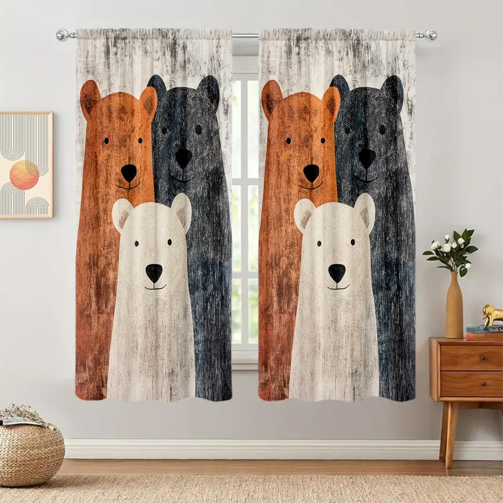 2pcs Three Bears In Nordic Style Printed Curtain for Home Decor - Rod Pocket Window Treatment for Bedroom, Office, Kitchen