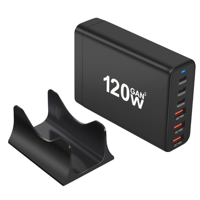 Portable 120W USB Charging Station with 6 Port, 3 Type C PD and 3 USB A for Phones Tablets Simultaneous Device Charging