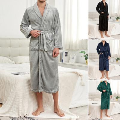 Men Winter Nightgown Thick Flannel Warm Tight Waist with Lace Up Belt