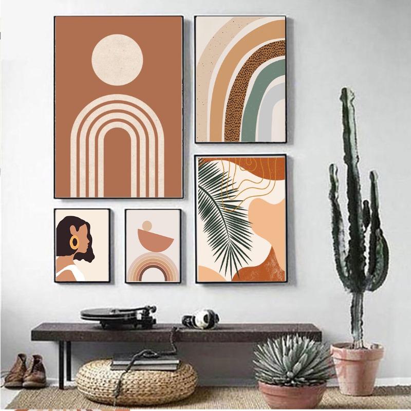 Mid Century Modern Boho Chic Poster Vintage Abstract Beige Line Art Print Canvas Painting Wall Art Trendy Living Room Home De