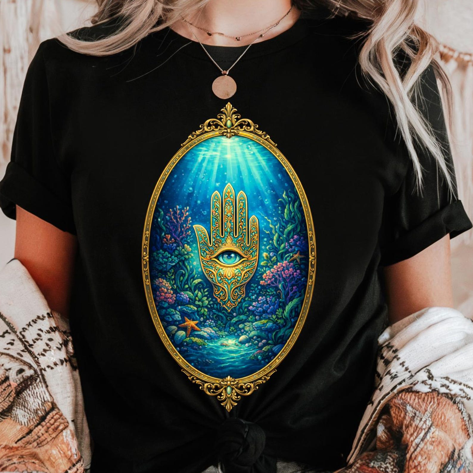Hamsa Hand Ocean Eye Shirt | Boho Spiritual Protection Tee | Underwater Coral Mystical Art M