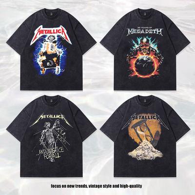 Men'S American Retro Rock Print Washed Old T-Shirt Vintage Trendy Brand Pure Cotton Half Sleeve Men