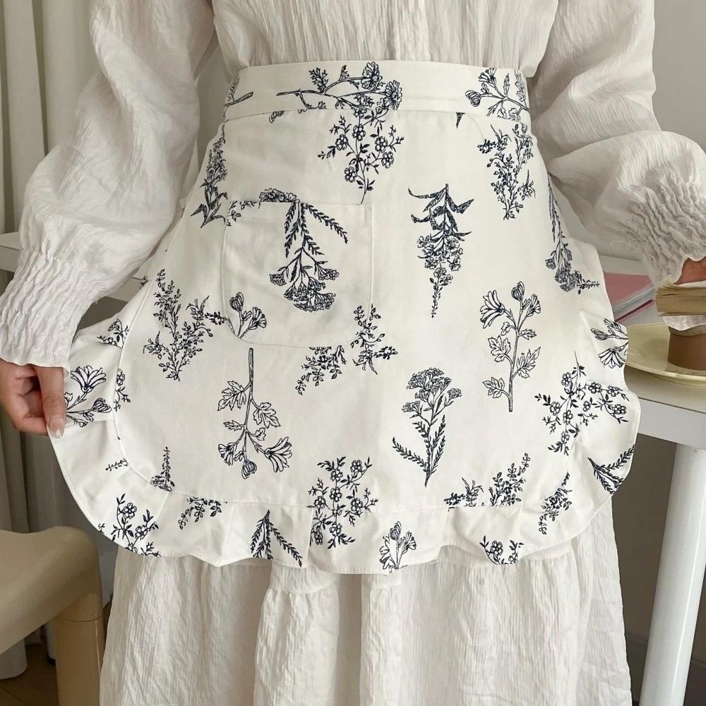 with Pocket Korean Style Apron Fashion Kitchen Cafe Baking Apron Floral Plaid Half Apron Man Woman