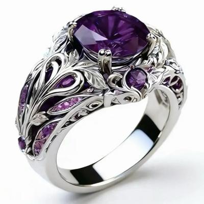 2026 New Purple Zircon Flower Ring, European and American Retro Prosperous Women's Purple Gemstone Ring