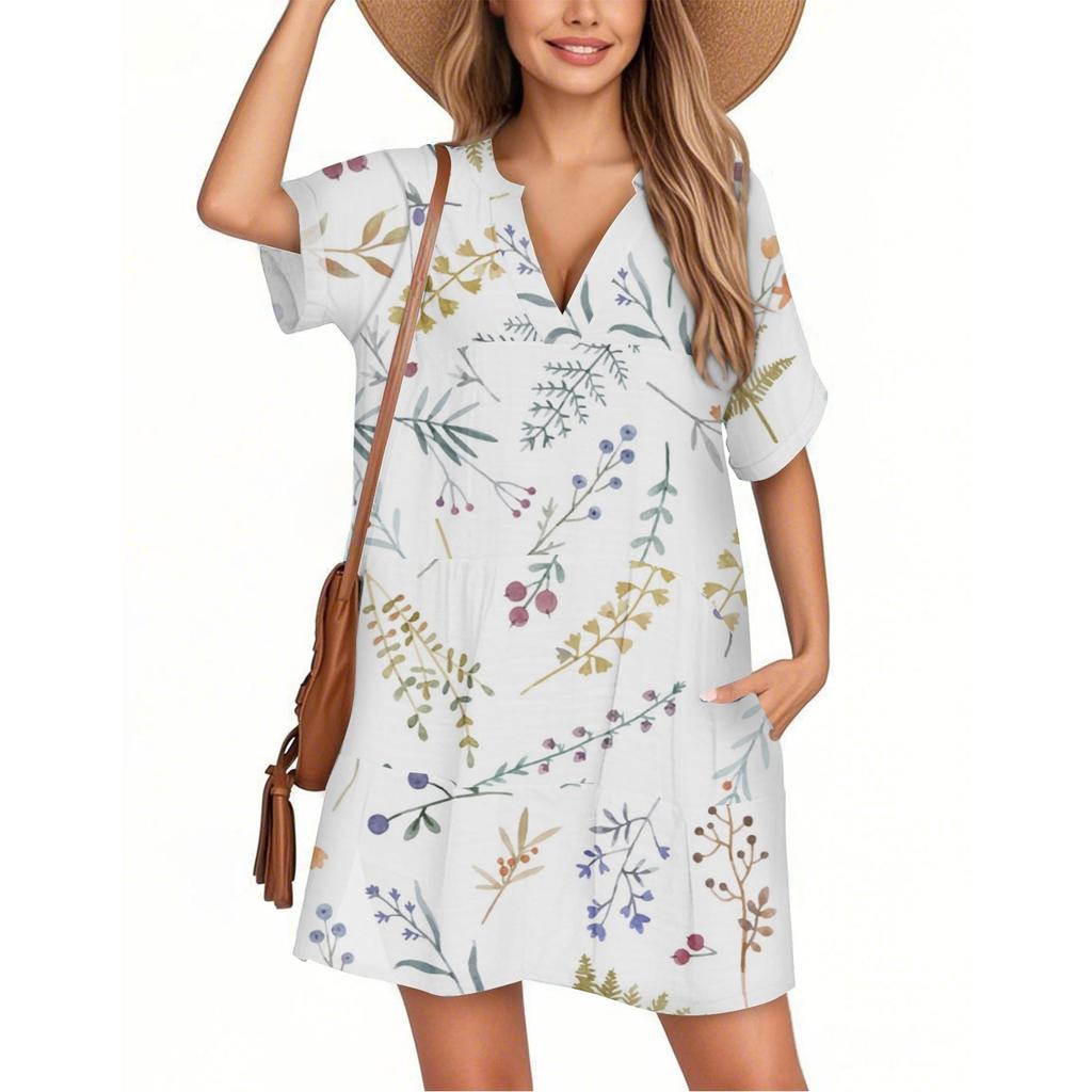 Women's Fashion Smock Hawaiian Floral Casual Short Sleeve V-neck T-shirt Dress Holiday Beach Dress