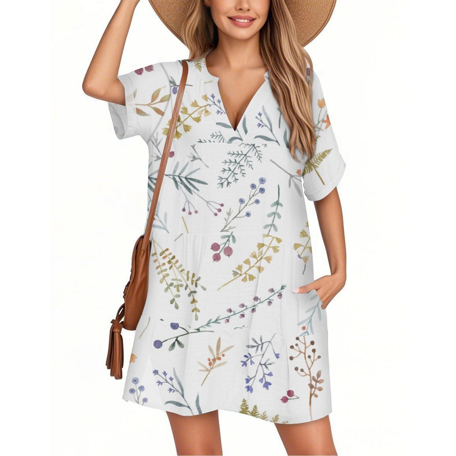 

Женское модное платье-футболка с коротким рукавом и V-образным вырезом в гавайском стиле, повседневное пляжное платье для отдыха M белый