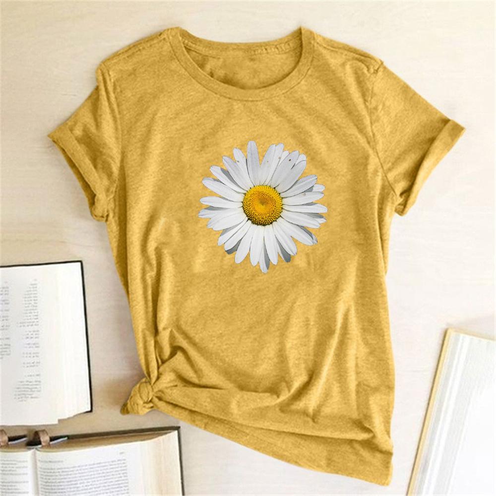 Summer Round Neck Daisy Pattern Printed Top Fashionable Casual Pure Cotton Short Sleeved Women's T-shirts