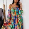 Spring And Summer New Evening Dress European And American Printed Dress V-Neck Pullover Retro Long-Sleeved Pendulum Fork Long Dress