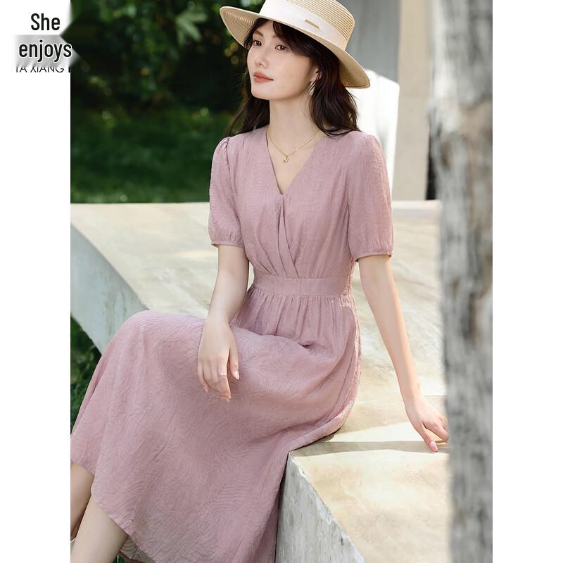 Women s Lyocell V-neck Short Sleeve A-line Midi Dress S