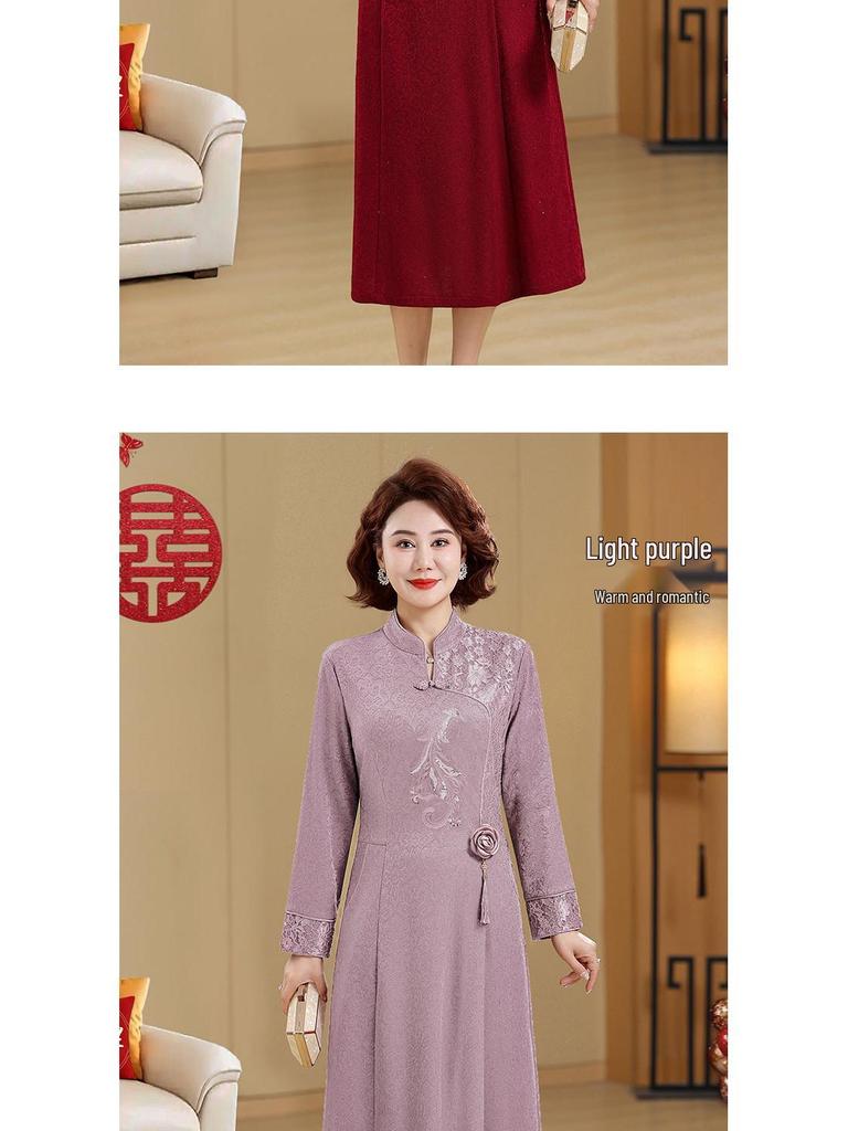 Elegant Long Qipao Wedding Dress for Mother of the Bride, Age 50+