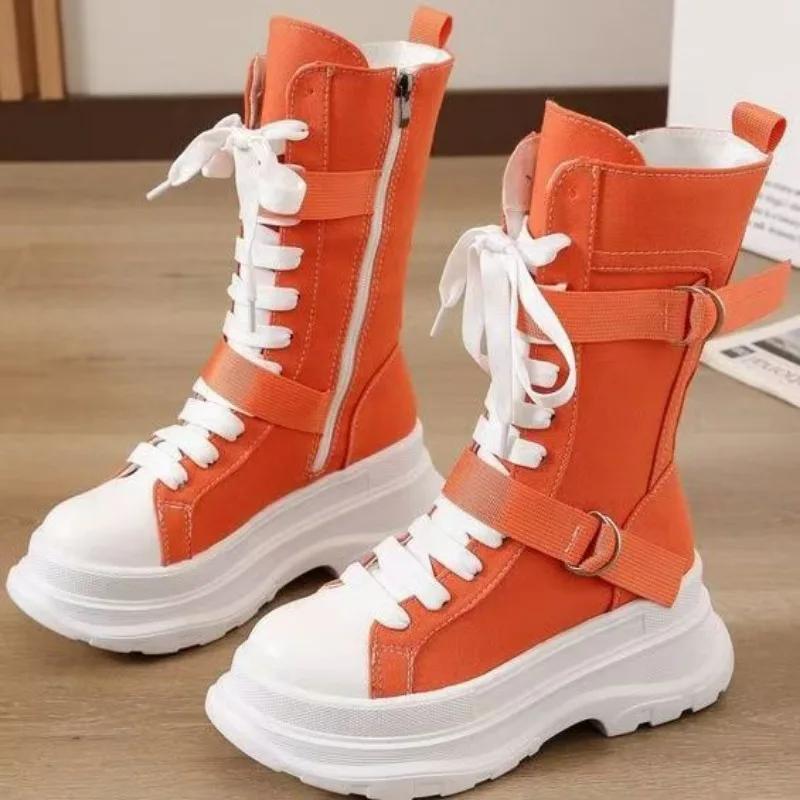 Spring and Autumn  Tall Sneakers Women Shoes Canvas Casual High Top Shoes Long Boots Lace-Up Zipper Comfortable Flat Boots