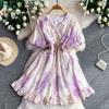 French Niche Super Fairy Chiffon Printed Lantern Sleeve Dress Women's Summer Design Elastic Waist Thin Ruffle Edge Skirt