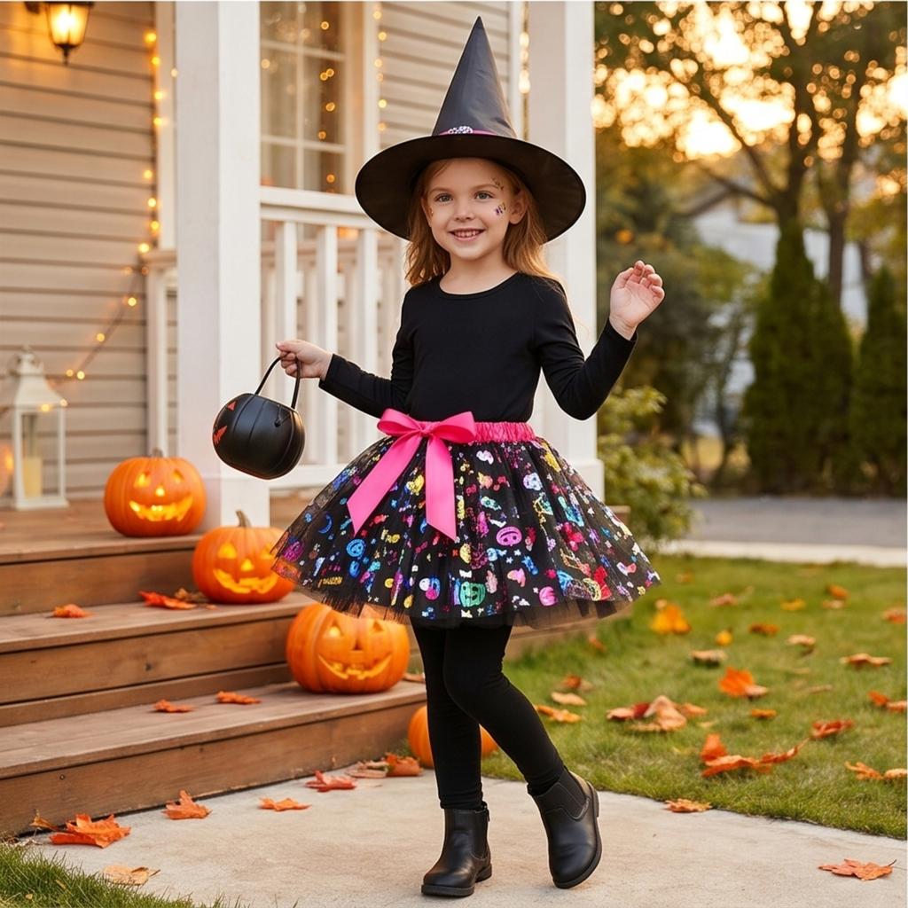 Girls' Halloween Printed Tulle Pumpkin Skirt 3-Piece Set with Witch Hat and