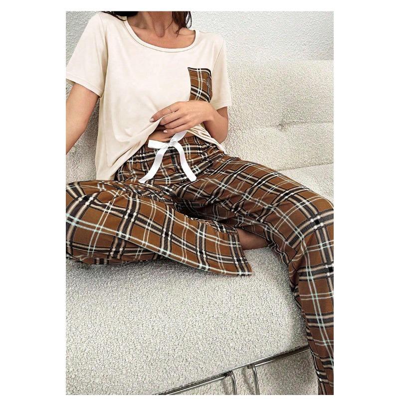 Damen Lässiges Kariertes Taschen-Kurzarm-Langhosen-Pyjama-Set Loungewear