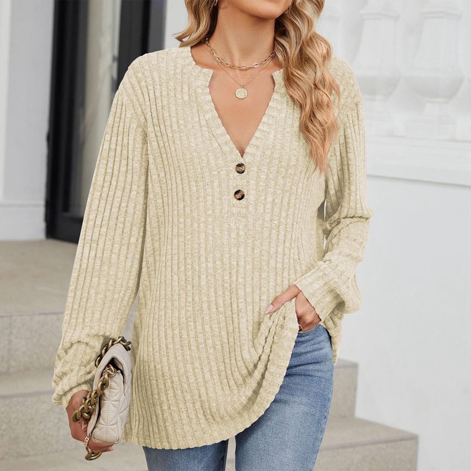 

Женская модная однотонная свободная футболка с длинными рукавами и V-образным вырезом на пуговицах L бежевый