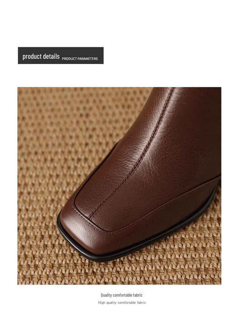 Women's Versatile Fashion Chunky Heel Ankle Boots - Square Toe, Fly-Knit Leather, Plus Velvet, for Autumn/Winter 2025