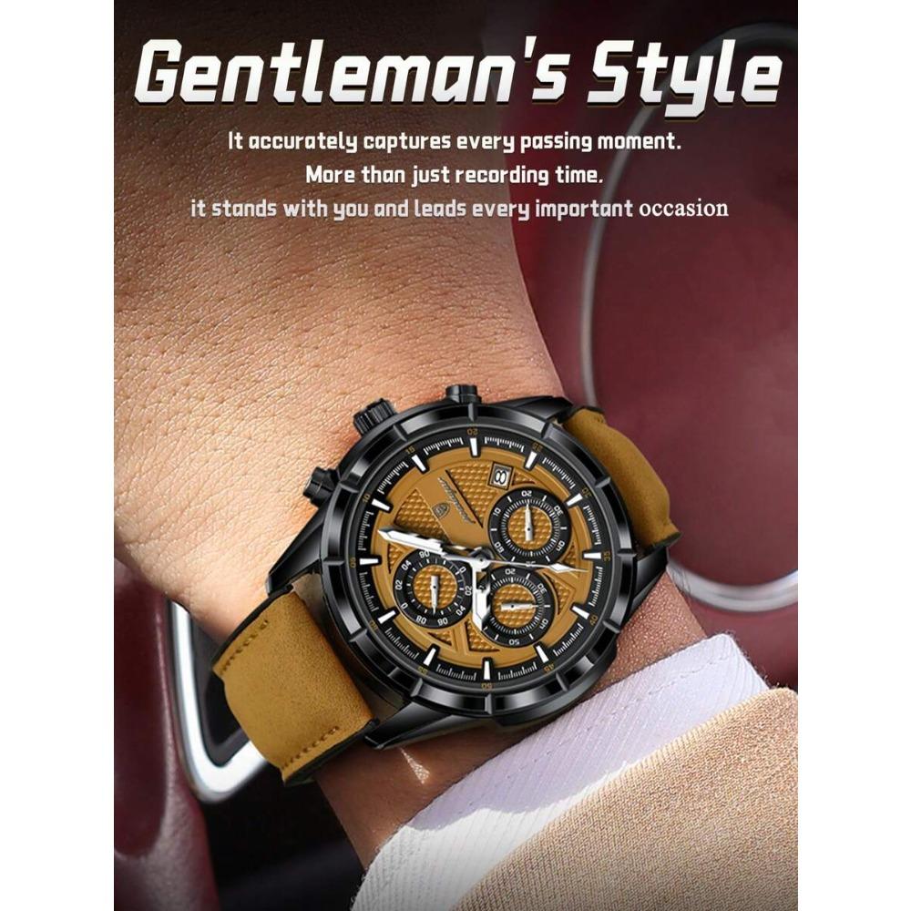 POEDAGAR 1pc Men's Fashion Casual Wristwatch, PU Leather Strap Quartz Watch,Waterproof Luminous Date Chronograph Design, Gift For Men
