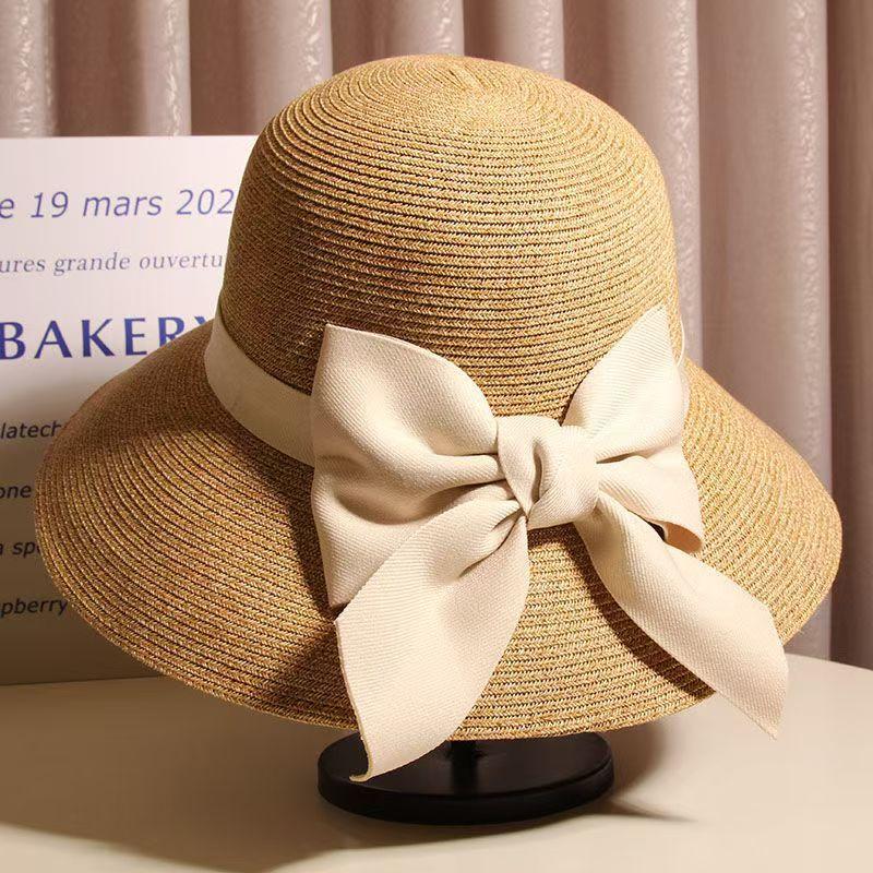 Elegant bow straw hat sweet summer sunshade sunscreen seaside beach hat women's high-end double weave