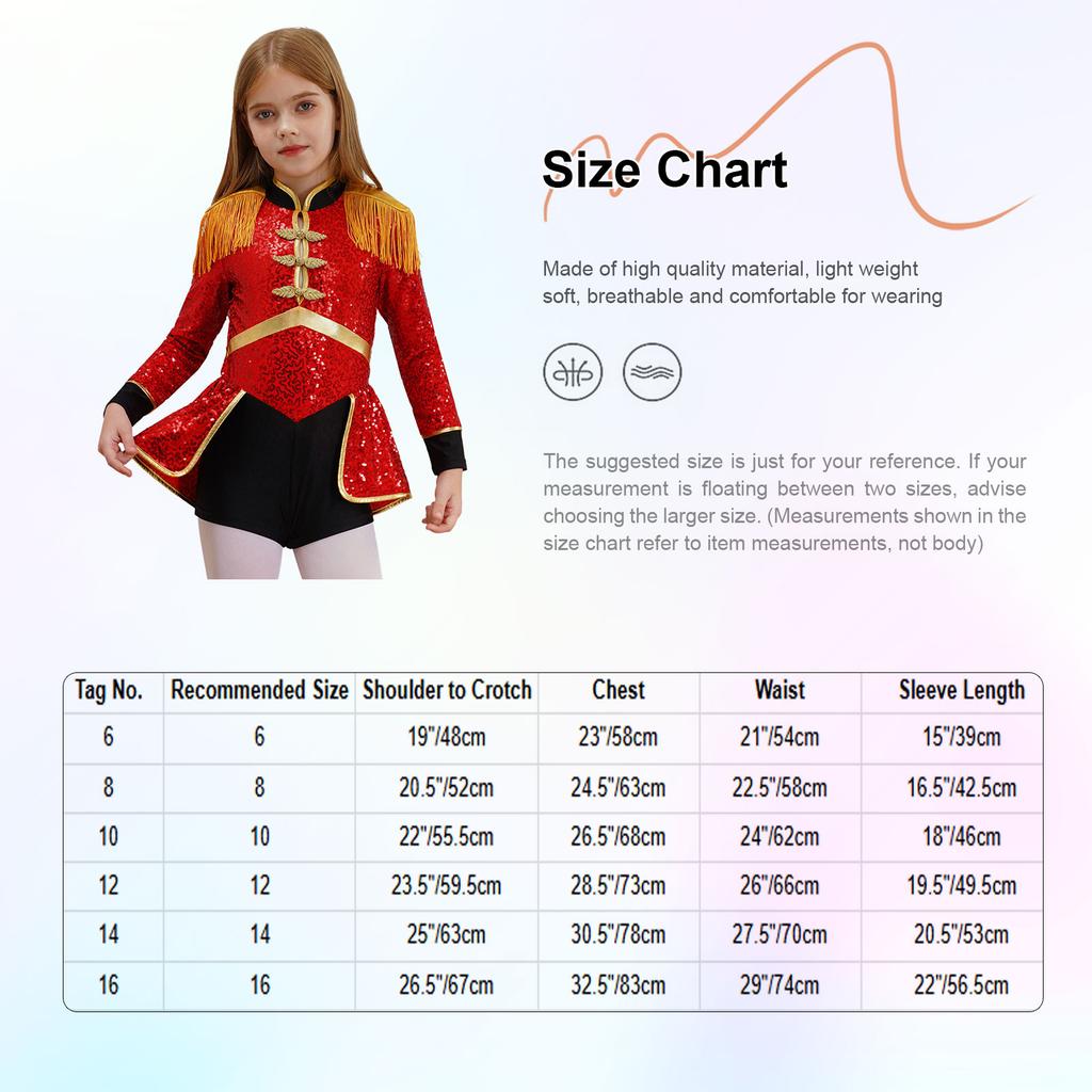 Girls Circus Ringmaster Costume Long Sleeve Shiny Sequins Dress Jumpsuit Halloween Party Fancy Cosplay Outfits Ballet Dancewear