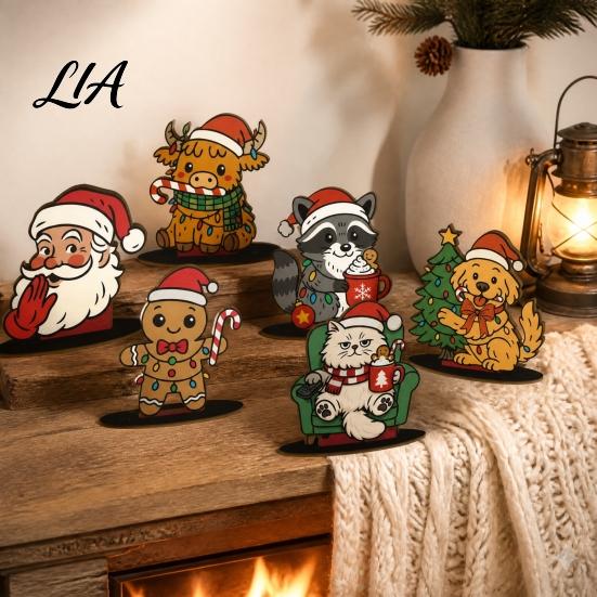 Rustic Wood Ornaments 6Pcs Christmas Wooden Tabletop Ornaments, Stable Base Cartoon Animal/Santa Claus/Gingerbread Holiday Home Accents Man