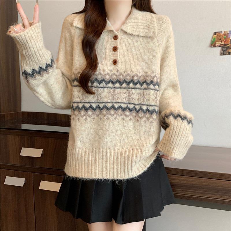 Women's Fair Isle Polo Collar Sweater - Autumn/Winter 2026 Soft Knit Pullover