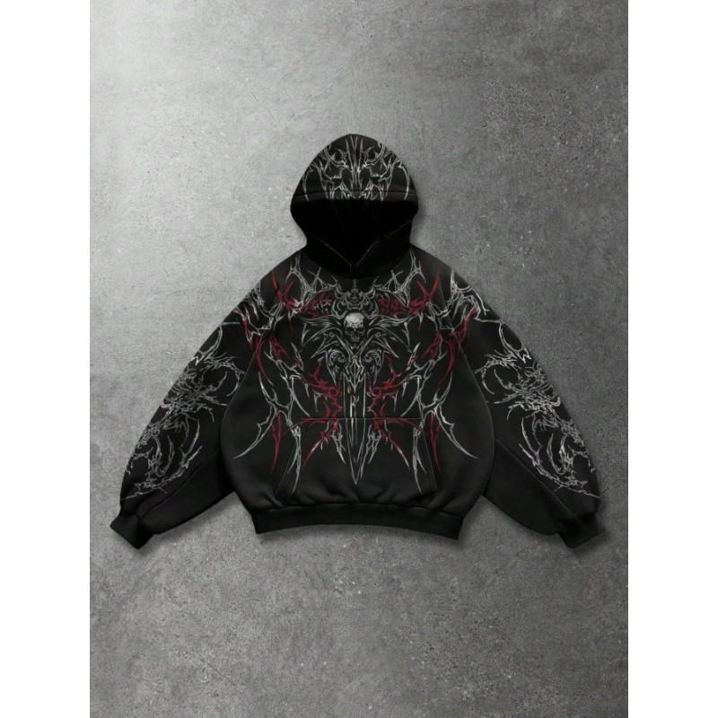 Oversized Hooded Sweatshirt With Skull Print Streetwear Unisex Loose Fit Casual Top