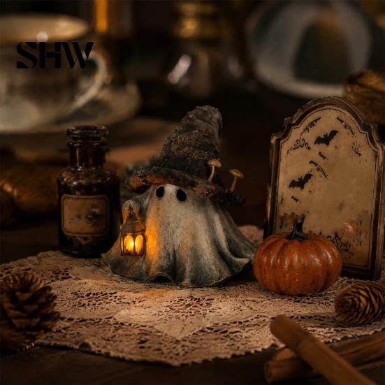 Handgefertigte Harz-Schreibtischdekoration Halloween Geist Zaubererhut Figur mit LED-beleuchteter Laterne, Vintage Dekorative Hexenstatue für Herbst-Tischplatte Kaminsims