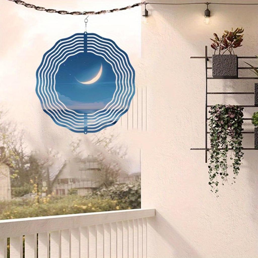 Mondsichel Ozean Windspiel mit 360-Grad-Haken Blau Weiß Gestreifte Metallkunst für Garten Balkon Terrasse Dekor Geschenk für jede Jahreszeit