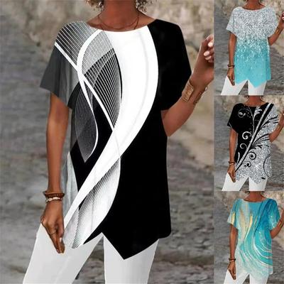 Women's Geometric Print Round Neck Loose Irregular Hem Short Sleeve T-Shirt Clothes Sale