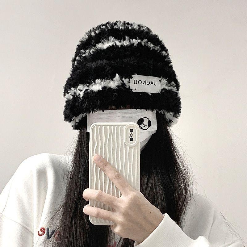New Women's Wool Hat Winter Knitted Stripes Show Face Small Plush Warm Thickened Big Head Circumference Ear Protection Stacked Hat