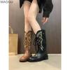 Chunky Heeled Retro Knight Boots Western Cowboy Lace Up Mid-Calf PU Leather 2026 Autumn Boots for Women Brown Black Size 35-42