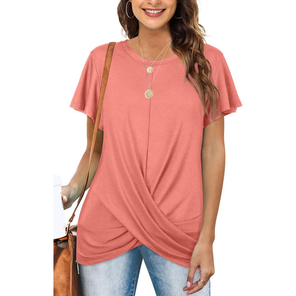 European & American Women's Solid Color Twist Short Sleeve Round Neck T-Shirt